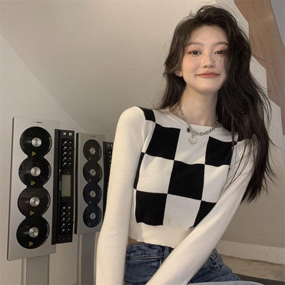 Checkerboard Print Sweater - Shirts & Tops