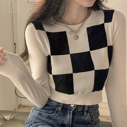 Checkerboard Print Sweater - Shirts & Tops