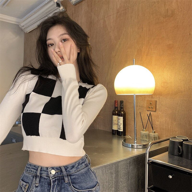 Checkerboard Print Sweater - Shirts & Tops