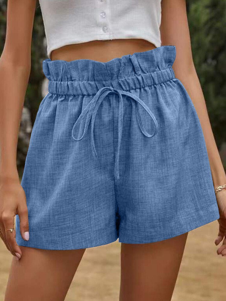 High Waist Linen Shorts - Blue - Shorts