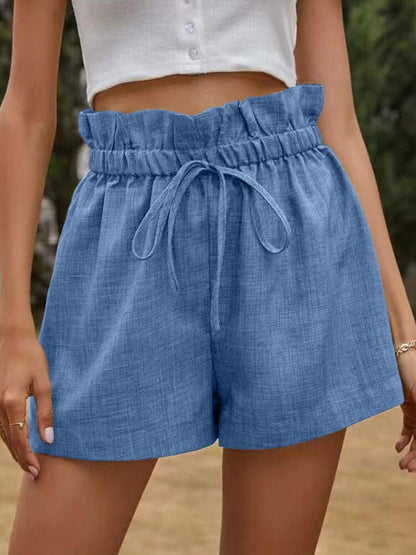 High Waist Linen Shorts - Blue - Shorts