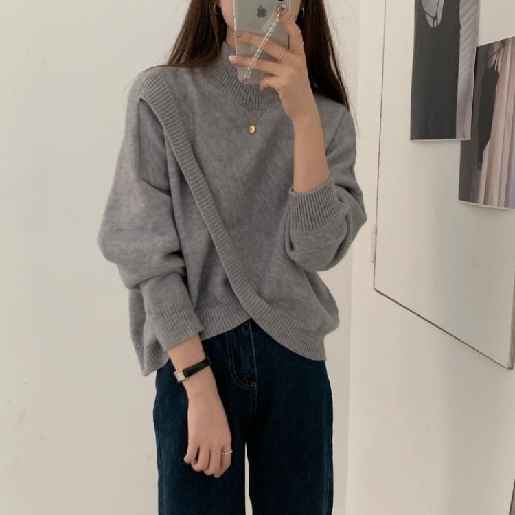 Irregular Knit Long Sleeve Sweater - Shirts & Tops