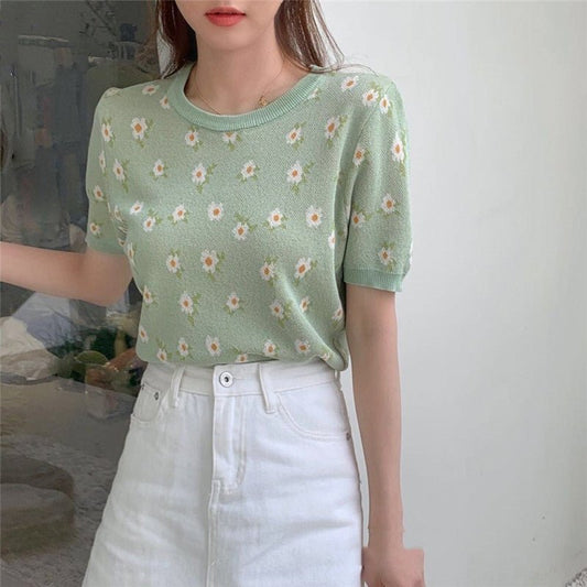 Round Neck Small Floral Knit Short-Sleeved T-Shirt - Shirts