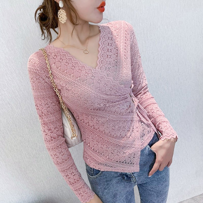 Thin Lace V-neck Long Sleeve - Shirts & Tops