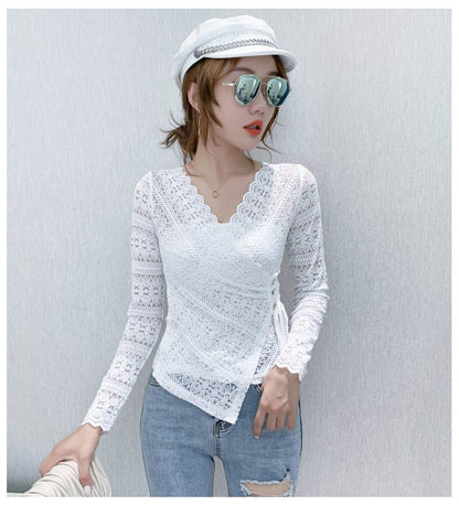 Thin Lace V-neck Long Sleeve - Shirts & Tops