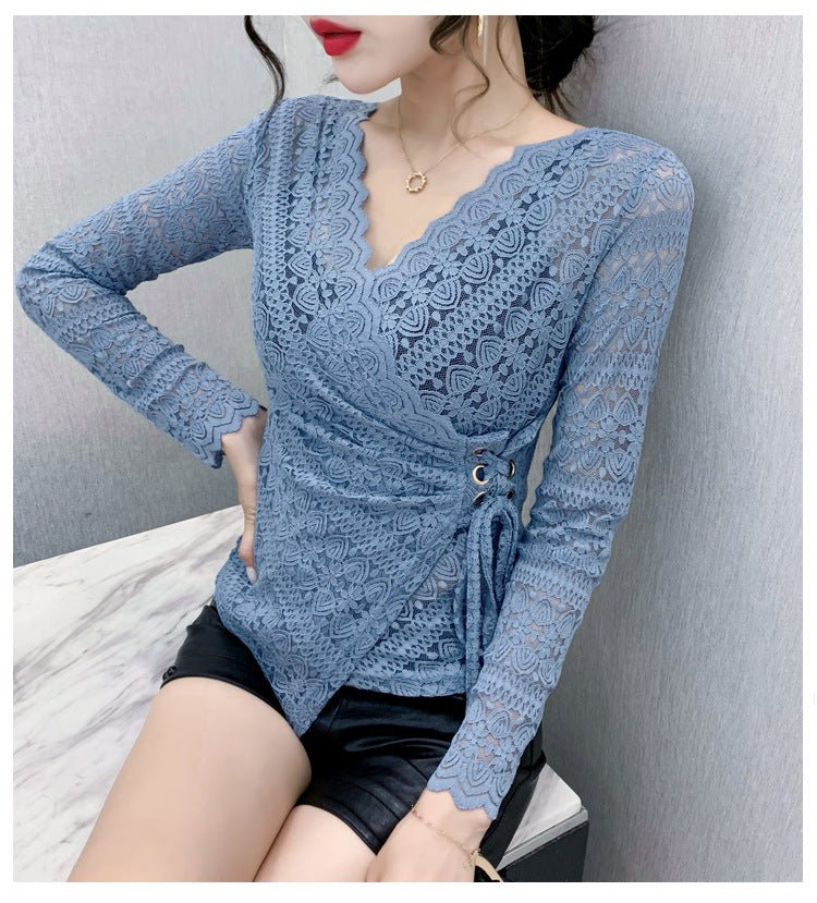 Thin Lace V-neck Long Sleeve - Shirts & Tops